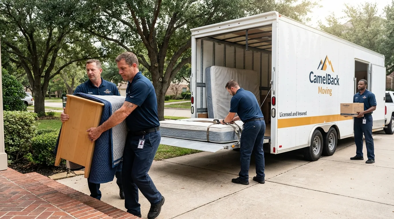 Crew loading residential truck for cross-state move from Farmland, IN
