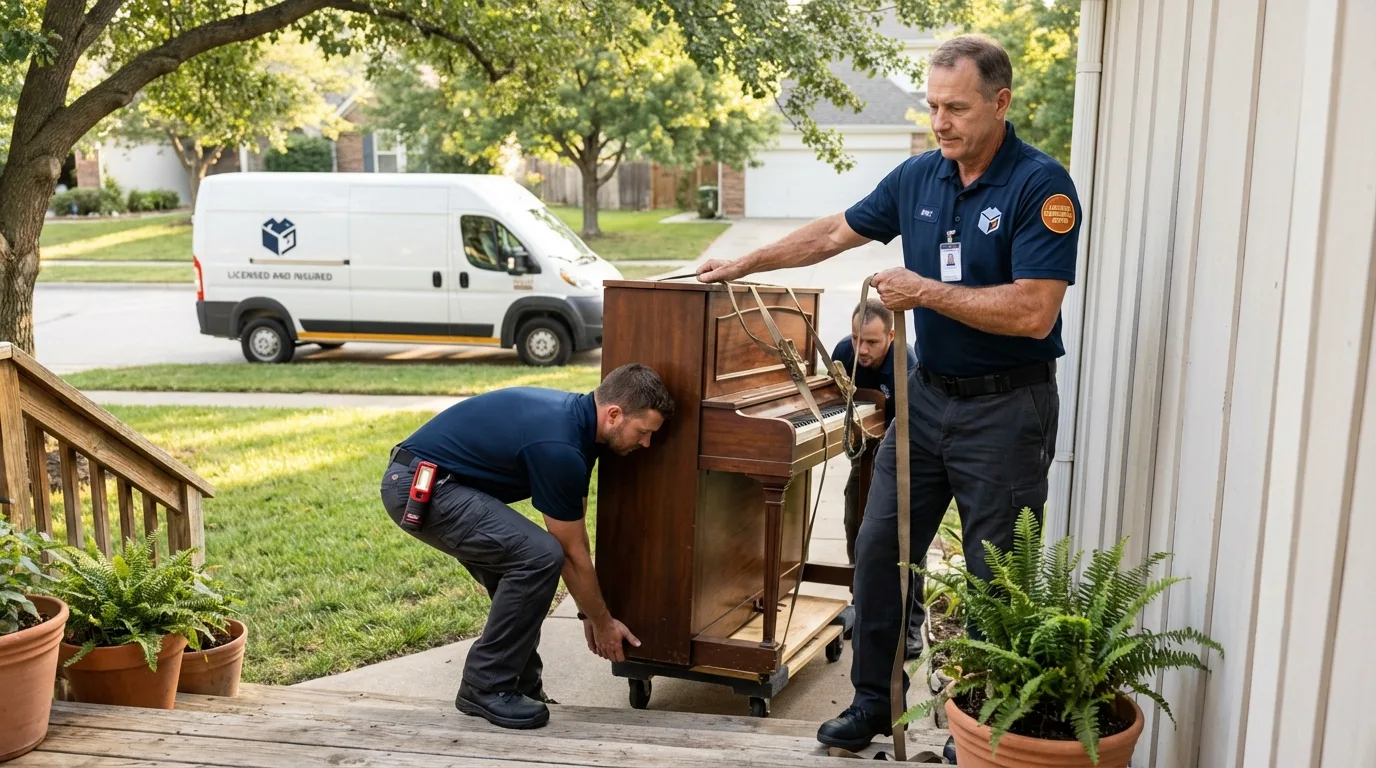 Licensed piano movers securing grand piano in Farmland, IN