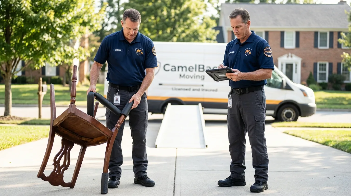 Movers inspecting furniture for damage prevention before loading in Farmland, IN