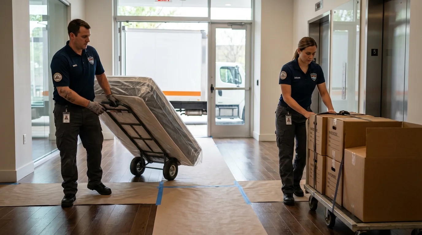 Professional apartment movers loading elevator in Farmland, IN