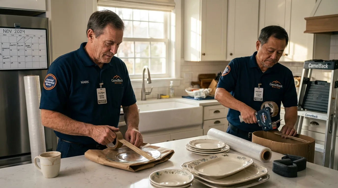 Professional crew packing kitchen dishware in Farmland, IN